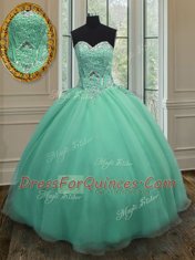 Custom Design Apple Green Ball Gowns Beading Quinceanera Gowns Lace Up Organza Sleeveless Floor Length