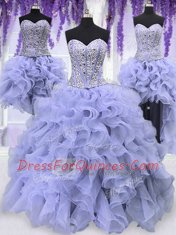 Four Piece Lavender Ball Gowns Sweetheart Sleeveless Organza Floor Length Lace Up Ruffles and Sequins Ball Gown Prom Dress