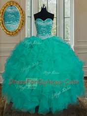 Floor Length Lace Up Quinceanera Dress Turquoise for Military Ball and Sweet 16 and Quinceanera with Beading and Ruffles