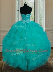 Floor Length Lace Up Quinceanera Dress Turquoise for Military Ball and Sweet 16 and Quinceanera with Beading and Ruffles