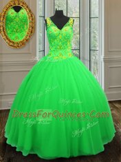 Green Zipper V-neck Beading 15th Birthday Dress Tulle Sleeveless