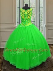 Green Zipper V-neck Beading 15th Birthday Dress Tulle Sleeveless