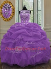 Shining Scoop Purple Sleeveless Floor Length Beading and Pick Ups Lace Up Ball Gown Prom Dress