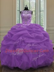 Shining Scoop Purple Sleeveless Floor Length Beading and Pick Ups Lace Up Ball Gown Prom Dress