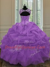 Shining Scoop Purple Sleeveless Floor Length Beading and Pick Ups Lace Up Ball Gown Prom Dress