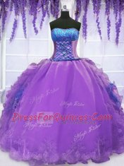 Attractive Purple Organza Lace Up Quinceanera Dresses Sleeveless Floor Length Embroidery and Ruffles