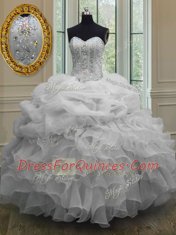 Fashionable Organza Sleeveless Floor Length Quince Ball Gowns and Beading and Pick Ups