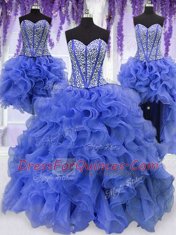 Four Piece Sleeveless Organza Floor Length Lace Up 15th Birthday Dress in Royal Blue with Ruffles and Sequins