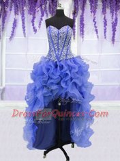 Four Piece Sleeveless Organza Floor Length Lace Up 15th Birthday Dress in Royal Blue with Ruffles and Sequins