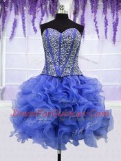 Four Piece Sleeveless Organza Floor Length Lace Up 15th Birthday Dress in Royal Blue with Ruffles and Sequins