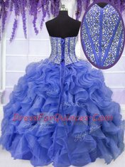 Four Piece Sleeveless Organza Floor Length Lace Up 15th Birthday Dress in Royal Blue with Ruffles and Sequins