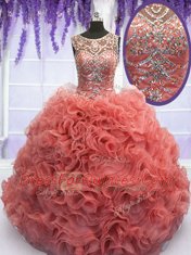 Scoop Sleeveless Lace Up Floor Length Beading and Ruffles Sweet 16 Dress