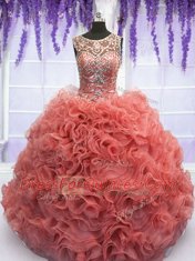Scoop Sleeveless Lace Up Floor Length Beading and Ruffles Sweet 16 Dress