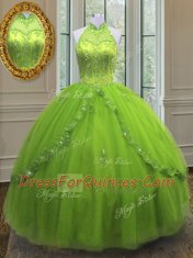 Customized Yellow Green Lace Up High-neck Beading and Appliques Quinceanera Gowns Tulle Sleeveless