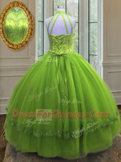 Customized Yellow Green Lace Up High-neck Beading and Appliques Quinceanera Gowns Tulle Sleeveless