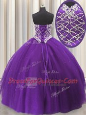 Romantic Eggplant Purple Sleeveless Floor Length Beading and Sequins Lace Up Quince Ball Gowns