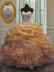 Dynamic Sleeveless Floor Length Beading and Pick Ups Lace Up Quince Ball Gowns with Gold