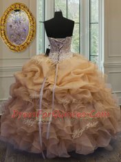 Dynamic Sleeveless Floor Length Beading and Pick Ups Lace Up Quince Ball Gowns with Gold