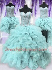 Luxurious Four Piece Light Blue Lace Up Sweetheart Ruffles and Sequins Vestidos de Quinceanera Organza Sleeveless