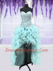 Luxurious Four Piece Light Blue Lace Up Sweetheart Ruffles and Sequins Vestidos de Quinceanera Organza Sleeveless