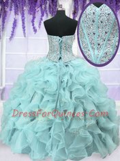 Luxurious Four Piece Light Blue Lace Up Sweetheart Ruffles and Sequins Vestidos de Quinceanera Organza Sleeveless
