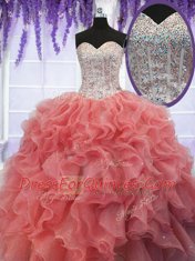 Sequins Sweetheart Sleeveless Lace Up Ball Gown Prom Dress Coral Red Organza