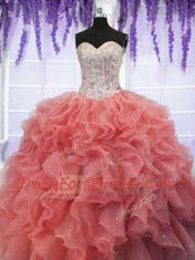 Sequins Sweetheart Sleeveless Lace Up Ball Gown Prom Dress Coral Red Organza