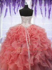 Sequins Sweetheart Sleeveless Lace Up Ball Gown Prom Dress Coral Red Organza