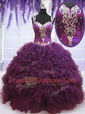 Customized Tulle Straps Sleeveless Zipper Beading and Ruffles Quince Ball Gowns in Purple