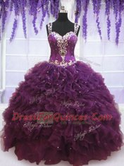 Customized Tulle Straps Sleeveless Zipper Beading and Ruffles Quince Ball Gowns in Purple