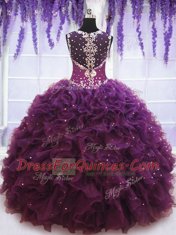 Customized Tulle Straps Sleeveless Zipper Beading and Ruffles Quince Ball Gowns in Purple