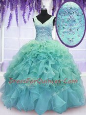 Fantastic Floor Length Lace Up Quinceanera Dresses Blue for Military Ball and Sweet 16 and Quinceanera with Beading and Embroidery and Ruffles