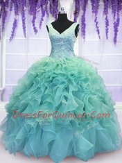Fantastic Floor Length Lace Up Quinceanera Dresses Blue for Military Ball and Sweet 16 and Quinceanera with Beading and Embroidery and Ruffles