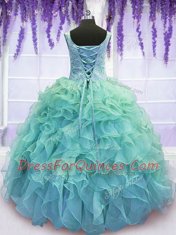 Fantastic Floor Length Lace Up Quinceanera Dresses Blue for Military Ball and Sweet 16 and Quinceanera with Beading and Embroidery and Ruffles