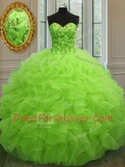 Floor Length Yellow Green Ball Gown Prom Dress Organza Sleeveless Beading and Ruffles
