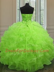 Floor Length Yellow Green Ball Gown Prom Dress Organza Sleeveless Beading and Ruffles