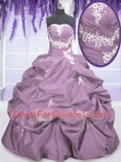 Cheap Lilac Ball Gowns Strapless Sleeveless Taffeta Floor Length Lace Up Appliques and Ruching and Pick Ups 15 Quinceanera Dress