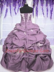 Cheap Lilac Ball Gowns Strapless Sleeveless Taffeta Floor Length Lace Up Appliques and Ruching and Pick Ups 15 Quinceanera Dress