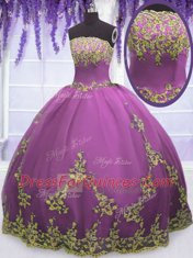 Dynamic Fuchsia Ball Gowns Strapless Sleeveless Tulle Floor Length Zipper Appliques Quinceanera Dresses