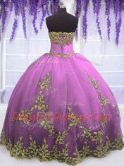 Dynamic Fuchsia Ball Gowns Strapless Sleeveless Tulle Floor Length Zipper Appliques Quinceanera Dresses