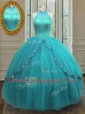Custom Fit Aqua Blue Ball Gowns Beading and Appliques Sweet 16 Dresses Lace Up Tulle Sleeveless Floor Length