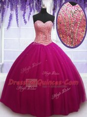 Dazzling Sweetheart Sleeveless Lace Up Quinceanera Dresses Hot Pink Tulle
