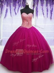 Dazzling Sweetheart Sleeveless Lace Up Quinceanera Dresses Hot Pink Tulle