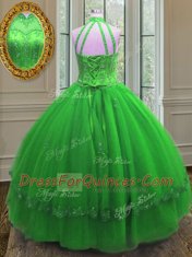 Captivating High-neck Sleeveless Quinceanera Gowns Floor Length Beading and Appliques Tulle