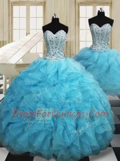On Sale Three Piece Baby Blue 15 Quinceanera Dress Military Ball and Sweet 16 and Quinceanera and For with Beading and Ruffles Sweetheart Sleeveless Lace Up
