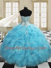 On Sale Three Piece Baby Blue 15 Quinceanera Dress Military Ball and Sweet 16 and Quinceanera and For with Beading and Ruffles Sweetheart Sleeveless Lace Up