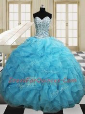 On Sale Three Piece Baby Blue 15 Quinceanera Dress Military Ball and Sweet 16 and Quinceanera and For with Beading and Ruffles Sweetheart Sleeveless Lace Up