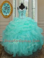 Classical Straps Apple Green Sleeveless Floor Length Beading and Ruffles Zipper Quinceanera Gown