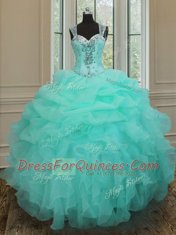 Classical Straps Apple Green Sleeveless Floor Length Beading and Ruffles Zipper Quinceanera Gown