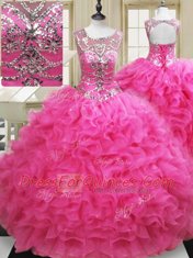 Scoop Floor Length Lace Up 15 Quinceanera Dress Hot Pink for Military Ball and Sweet 16 and Quinceanera with Beading and Ruffles